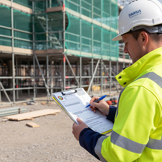 Construction worker in a white hard hat and high-visibility jacket stands on a gravel site, filling out a Scaffold Handover Certificate on a clipboard. The document is a 2-part carbonless form. Behind him, a large building is encased in extensive metal scaffolding and green safety netting