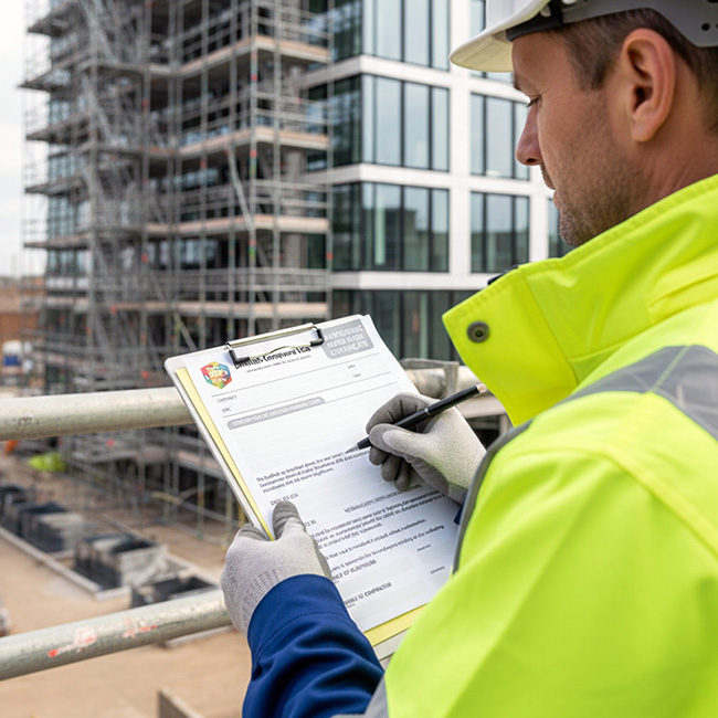 Construction worker in high-visibility jacket and grey gloves holding a clipboard with POWRA Point of Work Risk Assessment form, marking safety checklist on active building site with plant machinery and materials in background, printed by TradePrintingUK.com