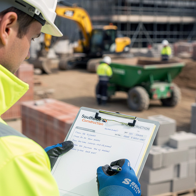 Construction site instruction form pad printed by TradePrintingUK.com, shown on a clipboard held by a worker on a building site, featuring fields for date, site details, and specific instructions, designed for clear communication and record-keeping in construction projects.