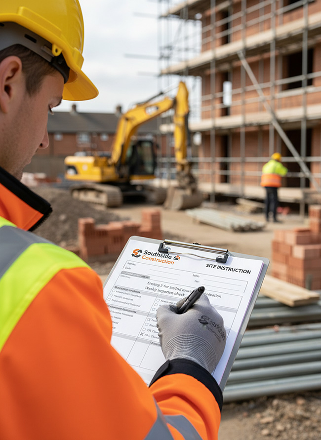 Construction site instruction form pad printed by TradePrintingUK.com, shown on a clipboard held by a worker on a building site, featuring fields for date, site details, and specific instructions, designed for clear communication and record-keeping in construction projects.