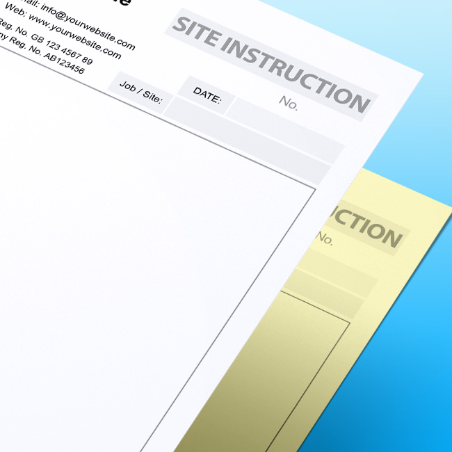 Close-up of custom printed editable Site Instruction pad by TradePrintingUK.com on blue background, displaying Your Company Name with logo placeholder, directive fields for Job/Site and Date, and large Site Instruction header on NCR carbonless paper.