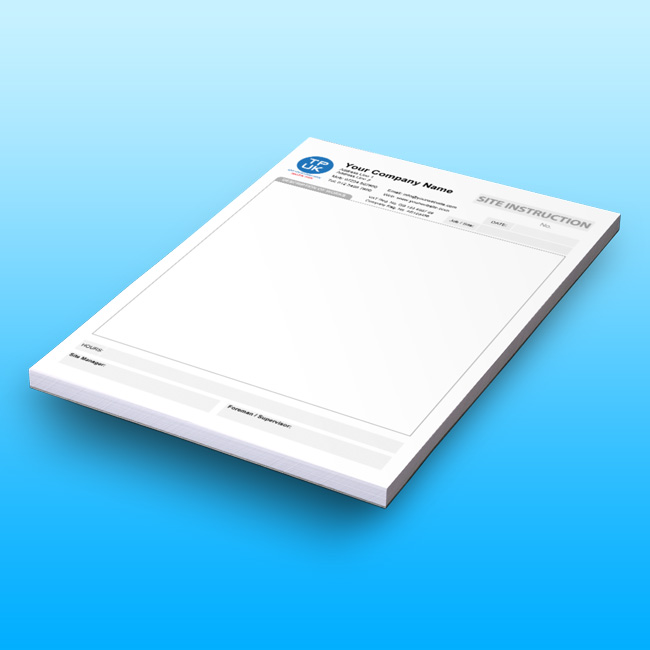Custom printed Site Instruction form pad by TradePrintingUK.com on blue background, as an NCR template with editable fields featuring Your Company Name header with logo placeholder, Description of Works text area, signature fields for Site Manager and Supervisor, designed for clear construction directives on NCR paper.