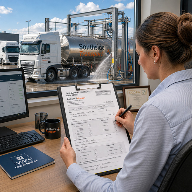 Female traffic office staff member checking and writing a tank cleaning certificate wash docket on a clipboard at her desk, while a stainless-steel fuel tanker is washed in the tanker cleaning bay outside the office window