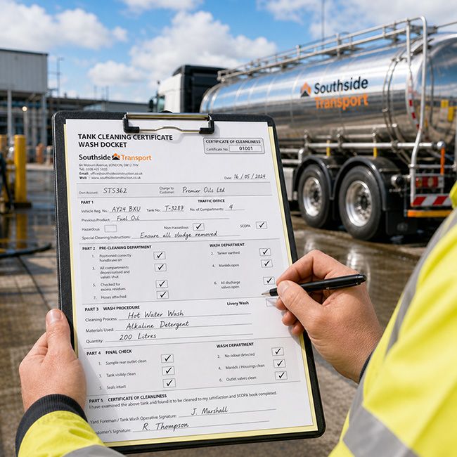 Female inspector checking and signing tank cleaning certificate wash docket on clipboard in front of stainless-steel fuel tanker truck at a UK wet tank wash bay
