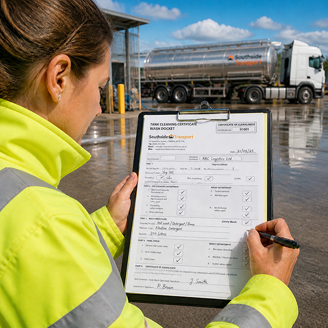 Female inspector checking and signing tank cleaning certificate wash docket on clipboard in front of stainless-steel fuel tanker truck at a UK wet tank wash bay
