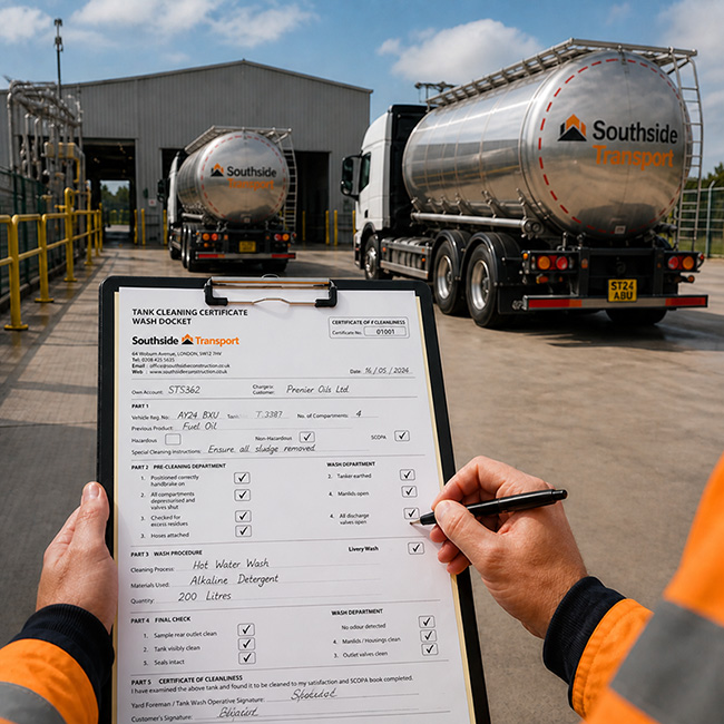 Tank cleaning certificate and tank wash record docket being signed in front of stainless-steel fuel tanker trucks at a professional UK tank wash facility