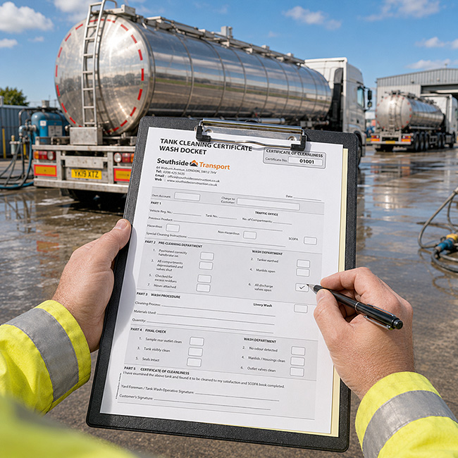 Tank cleaning certificate wash docket on clipboard being ticked off by worker in high-visibility jacket in front of stainless-steel fuel tanker trucks at a wet tank wash bay