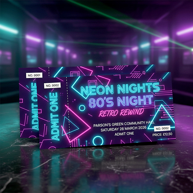 Two printed event tickets by TradePrintingUK.com featuring a vibrant 80s 'Neon Nights' theme with glowing pink and blue geometric shapes on a dark background. Each ticket has a perforated tear-off stub on the left side and is sequentially numbered in two places (on the stub and the main ticket) for security.
