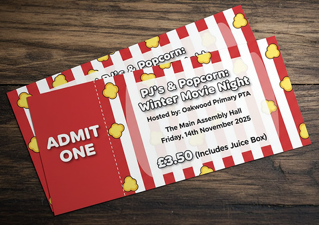 Two printed tickets by TradePrintingUK.com for a school 'PJ's & Popcorn Winter Movie Night.' The tickets have a classic red-and-white striped design with cartoon popcorn illustrations. A solid red perforated stub on the left side reads 'Admit One'.