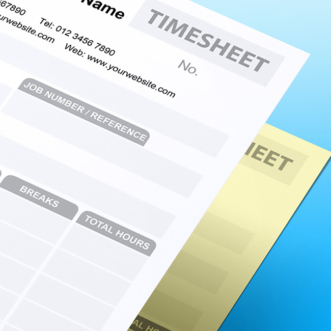 Close-up of a stacked Timesheet NCR form on a blue gradient background, showing the timesheet header, fields for job number and reference, and column headers for breaks and total hours, with a yellow duplicate sheet visible.
