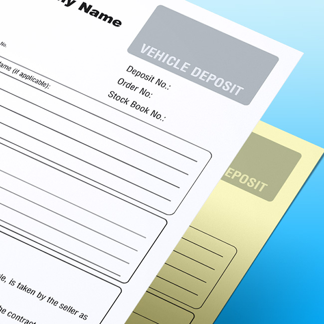 Close-up of a stacked Vehicle Deposit NCR form on a blue gradient background, showing the ‘Vehicle Deposit’ header, fields for deposit number, order number, and stock book number, with a yellow duplicate sheet underneath.