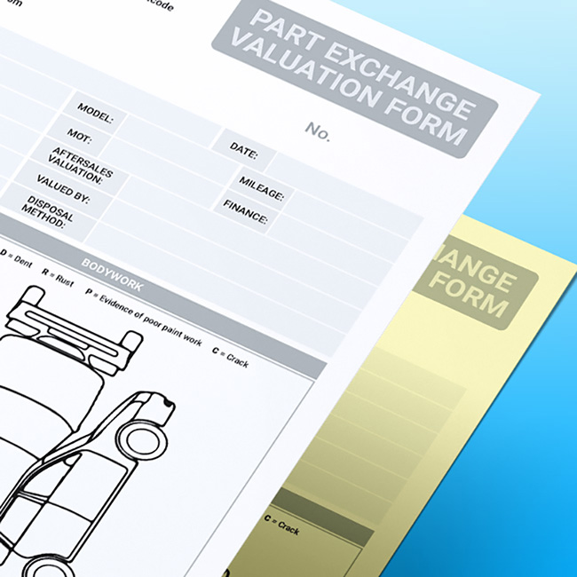Close-up of a stacked Used Vehicle Part Exchange Valuation NCR form on a blue gradient background, showing the header, vehicle detail fields, and a bodywork inspection diagram with damage codes, with a yellow duplicate sheet underneath.