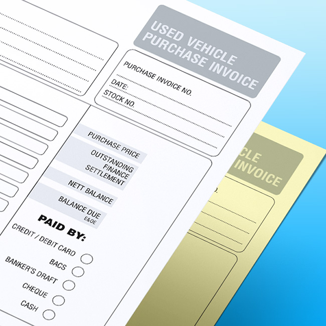 Close-up of a stacked Used Vehicle Purchase Invoice NCR form on a blue gradient background, showing fields for purchase price, outstanding finance, balance due, and payment method options, with a yellow duplicate sheet visible.