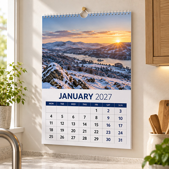 2027 A3 printed wall calendar hanging in a modern kitchen, with white Wiro-bound spiral binding, semi-circle hook hanger and a bold full-colour monthly page.
