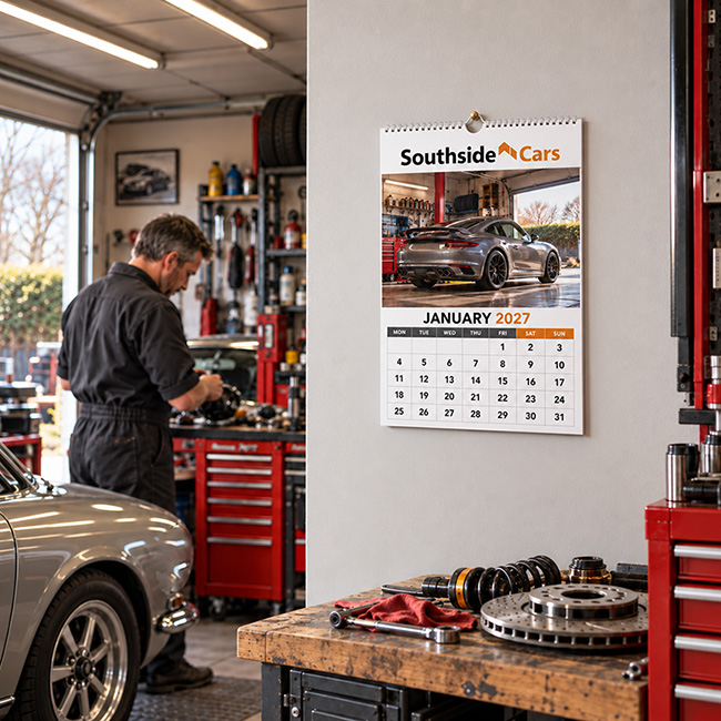 A3 printed promotional wall calendar displayed in a professional UK office, with full-colour photography, business branding and bold monthly dates.