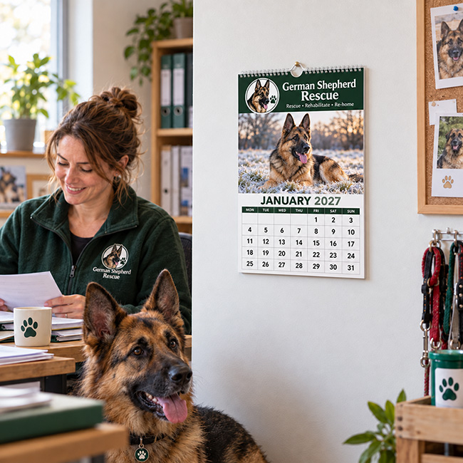 Printed fundraising wall calendars for a UK charity or community organisation, showing supporter photography and a practical 2027 monthly calendar layout.