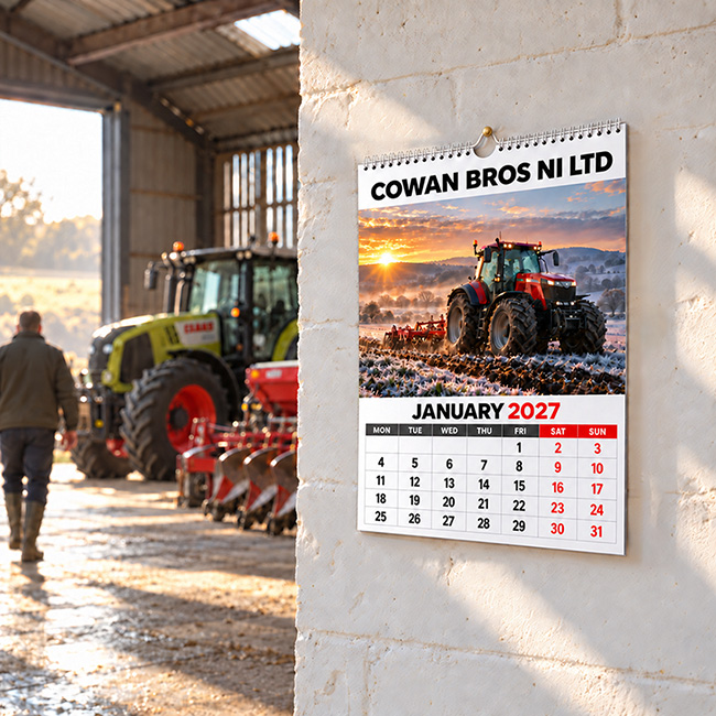 A3 agricultural wall calendar hanging in a farm shed, with a tractor and farm machinery softly visible in the background.