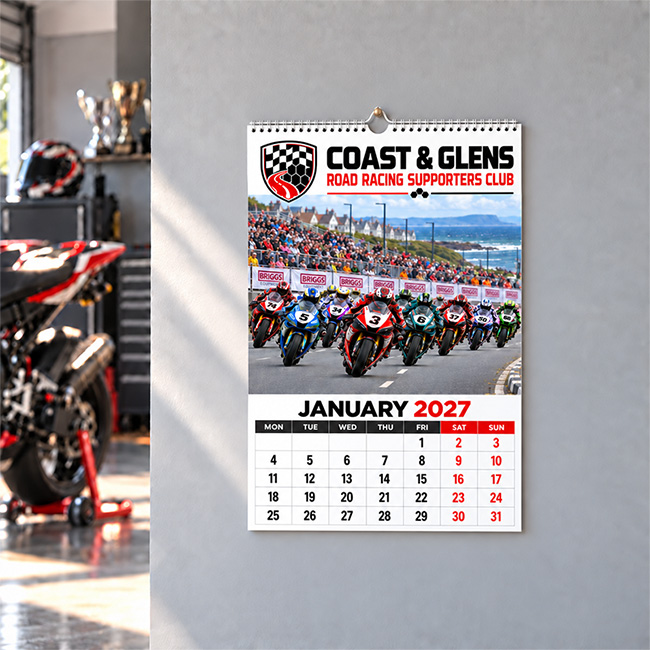 A3 printed motorsport wall calendar featuring motorcycle road racing photography, team branding and sponsor logos.