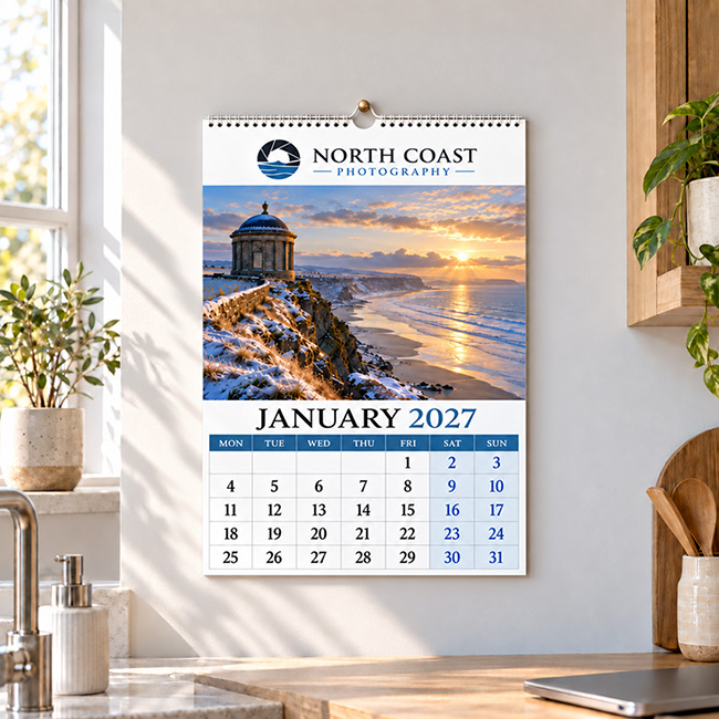 Printed 2027 wall calendar created from landscape photography for a photographer, artist, gallery or visitor attraction retail range.