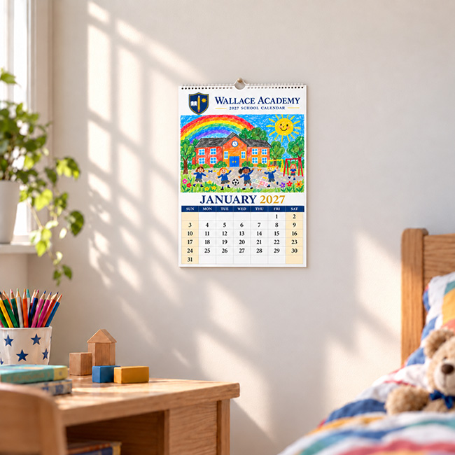 A3 primary school fundraising calendar featuring colourful pupil artwork and a school crest, hanging in a child’s bedroom play area.