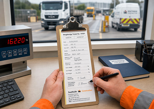 Three variants of TradePrintingUK's printed carbonless Weighbridge Tickets: a General everyday ticket, a Waste Transfer Note template with European Waste Catalogue EWC codes, and a Skip Hire ticket.