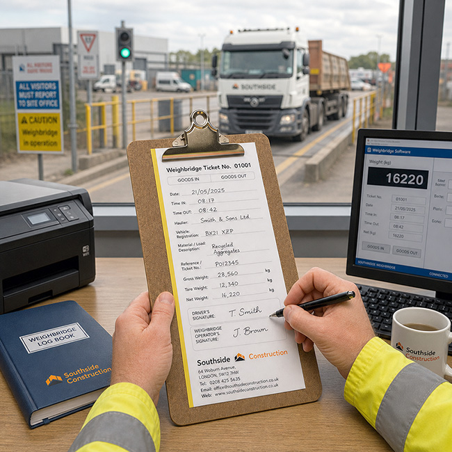 A UK public weighbridge operator filling out a multi-part carbonless NCR Weighbridge Ticket to record vehicle registration, gross weight, and accurate load descriptions for haulage and waste compliance.