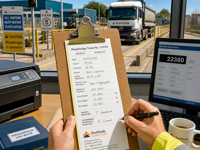 1/3A4 carbonless Weighbridge Ticket NCR forms printed by TradePrintingUK, showing generic, Waste Transfer Note and Skip Hire variants for UK haulage, waste, recycling, depot and site operations.