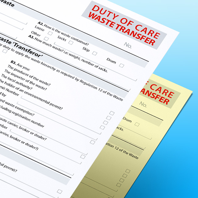 Close-up of a stacked Accident / Injury Incident Report NCR form on a blue gradient background, showing fields for the injured person's details, department, location, and a checkbox for risk assessment, with a yellow duplicate sheet visible.