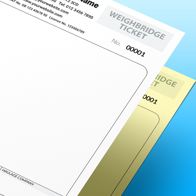 Three variants of TradePrintingUK's printed carbonless Weighbridge Tickets: a General everyday ticket, a Waste Transfer Note template with European Waste Catalogue EWC codes, and a Skip Hire ticket.