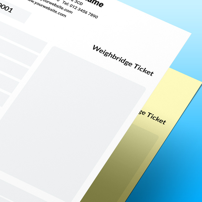 Three variants of TradePrintingUK's printed carbonless Weighbridge Tickets: a General everyday ticket, a Waste Transfer Note template with European Waste Catalogue EWC codes, and a Skip Hire ticket.