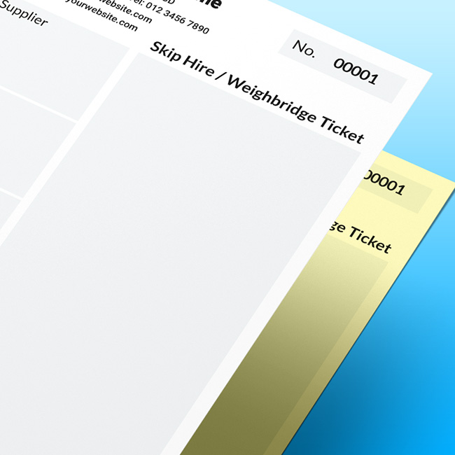 Three variants of TradePrintingUK's printed carbonless Weighbridge Tickets: a General everyday ticket, a Waste Transfer Note template with European Waste Catalogue EWC codes, and a Skip Hire ticket.
