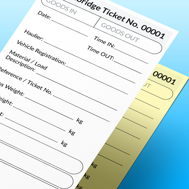 Close-up of 1/3A4 carbonless Weighbridge Ticket NCR forms on blue background.