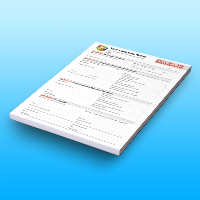 Carbonless NCR Duty of Care Waste Transfer Note Pads and Books Free Artwork Template