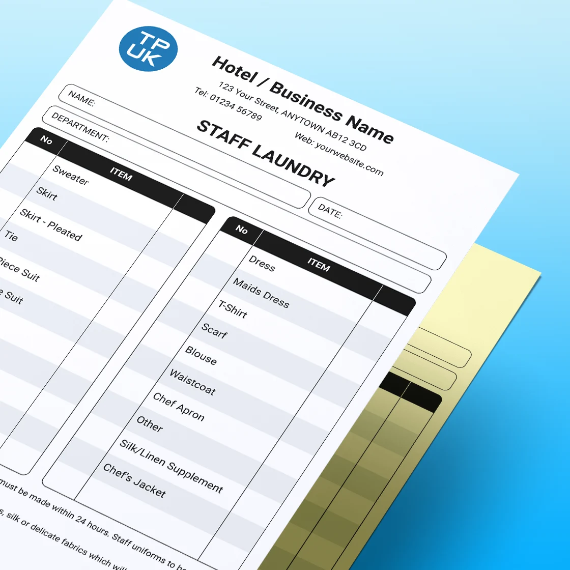 Custom Printed Staff Dry Cleaning and Laundry Lists