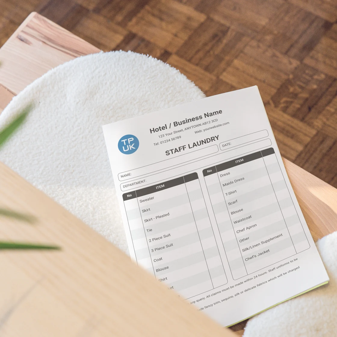 Custom Printed Staff Dry Cleaning and Laundry Lists