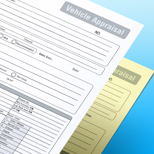 Carbonless NCR Used Car Vehicle Appraisal Pads and Books Free Customisable Artwork Template