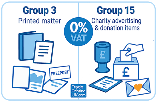 HMRC Group 3 printed matter and Group 15 charity advertising/donation items with 0% VAT marker