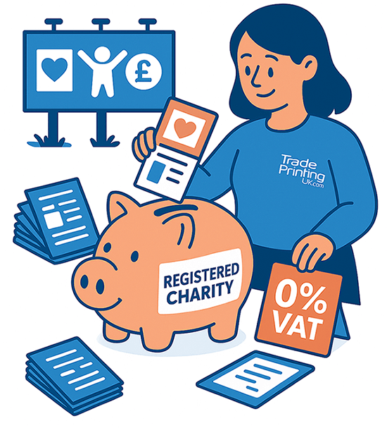 Illustration showing the benefits of charity printing, including 0% VAT.