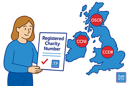 UK map with OSCR, CCNI and CCEW markers and a charity number sign